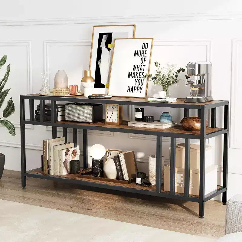 65 TV Stand for Up to 75 TVs, Grey Entertainment Center with Open Storage Shelves and Quadruple-Tube Support
