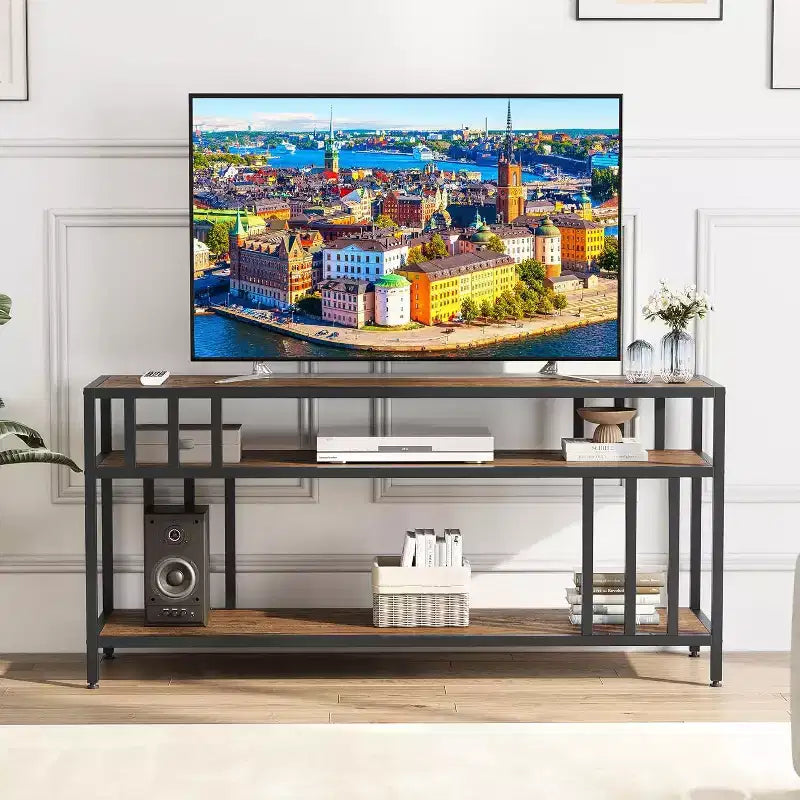 65 TV Stand for Up to 75 TVs, Grey Entertainment Center with Open Storage Shelves and Quadruple-Tube Support