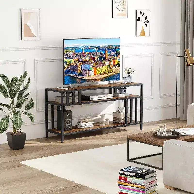65 TV Stand for Up to 75 TVs, Grey Entertainment Center with Open Storage Shelves and Quadruple-Tube Support