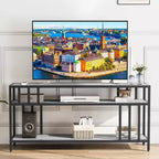 65 TV Stand for Up to 75 TVs, Grey Entertainment Center with Open Storage Shelves and Quadruple-Tube Support