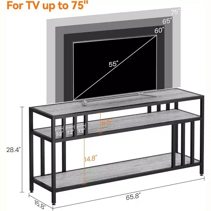 65 TV Stand for Up to 75 TVs, Grey Entertainment Center with Open Storage Shelves and Quadruple-Tube Support