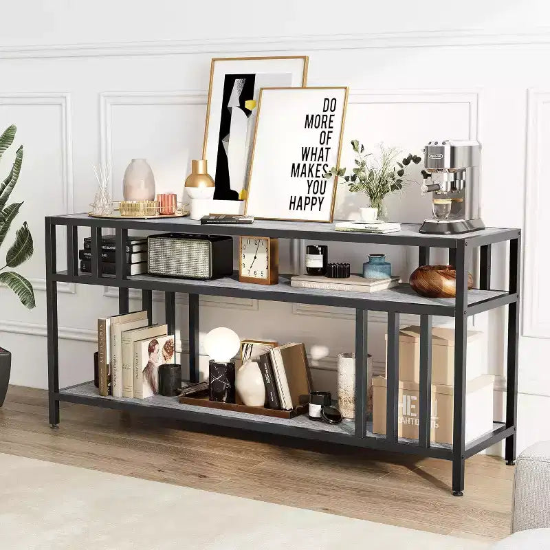 65 TV Stand for Up to 75 TVs, Grey Entertainment Center with Open Storage Shelves and Quadruple-Tube Support