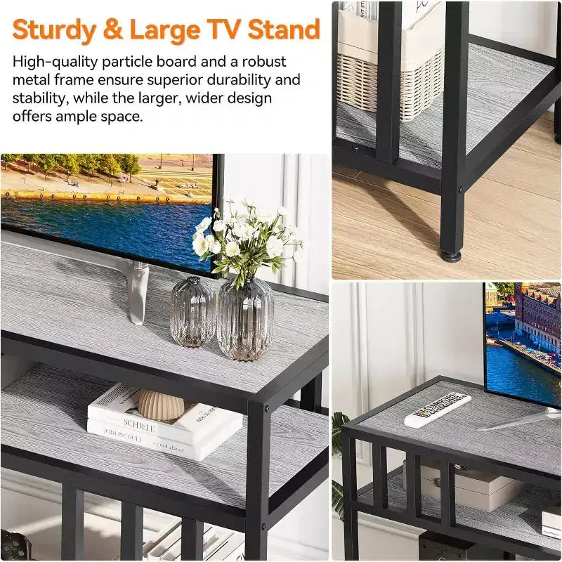 65 TV Stand for Up to 75 TVs, Grey Entertainment Center with Open Storage Shelves and Quadruple-Tube Support