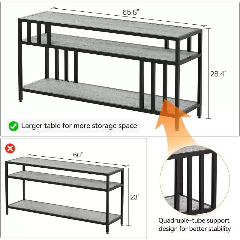 65 TV Stand for Up to 75 TVs, Grey Entertainment Center with Open Storage Shelves and Quadruple-Tube Support