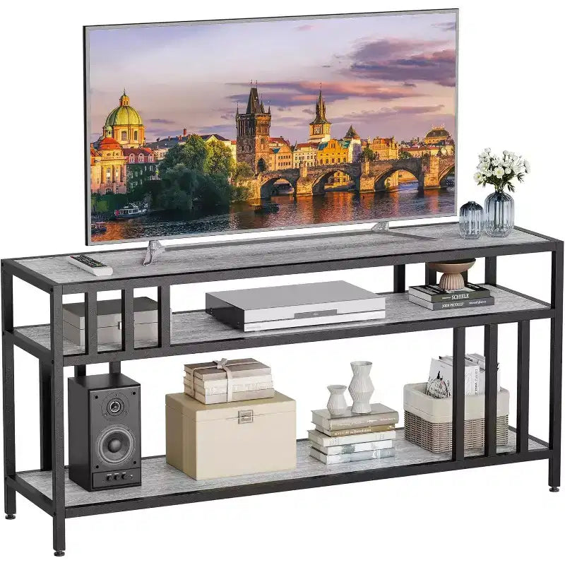 65 TV Stand for Up to 75 TVs, Grey Entertainment Center with Open Storage Shelves and Quadruple-Tube Support