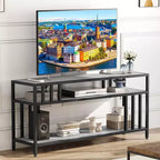 65 TV Stand for Up to 75 TVs, Grey Entertainment Center with Open Storage Shelves and Quadruple-Tube Support