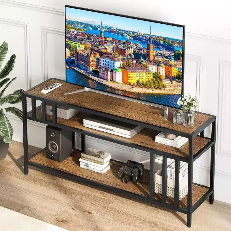 65 TV Stand for Up to 75 TVs, Grey Entertainment Center with Open Storage Shelves and Quadruple-Tube Support