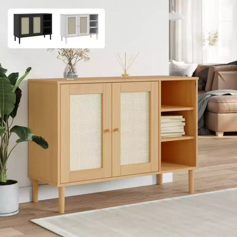 vidaXL SENJA Sideboard Buffet Storage Cabinet Rattan Look Solid Wood Pine, with 3 Open Compartments