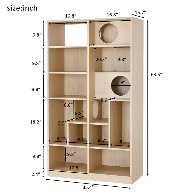 63.5 Tall Bookcase with Storage, Furniture Style Cat Tree Tower, Freestanding Display Cat Tree, Multifunctional Open Bookshelf for Home Living Room