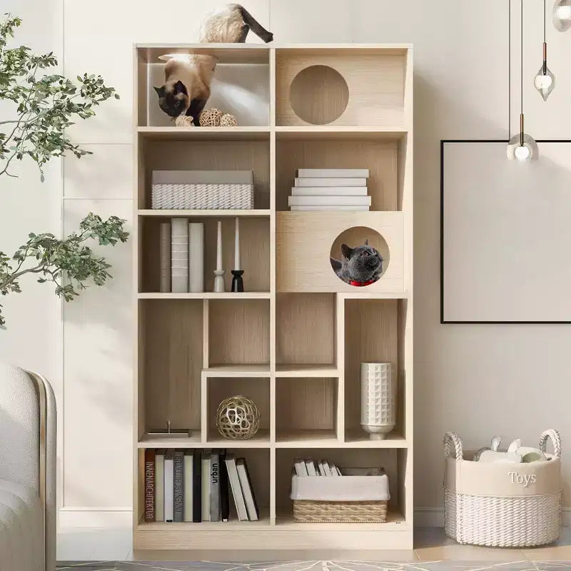 63.5 Tall Bookcase with Storage, Furniture Style Cat Tree Tower, Freestanding Display Cat Tree, Multifunctional Open Bookshelf for Home Living Room