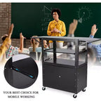 Rolling Av Cart, Height Adjustable Mobile Workstation, Lockable Cabinet, Laptop Stand and Folding Blade, Home Or Office, Black
