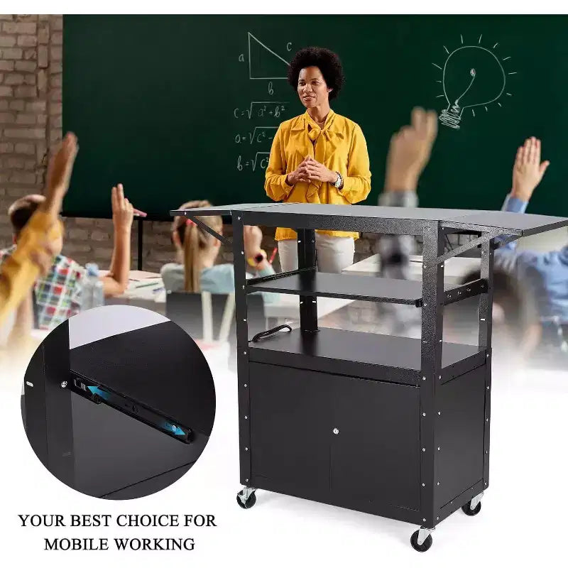 Rolling Av Cart, Height Adjustable Mobile Workstation, Lockable Cabinet, Laptop Stand and Folding Blade, Home Or Office, Black