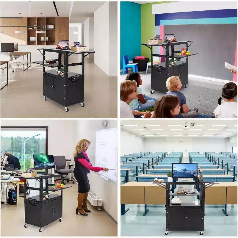 Rolling Av Cart, Height Adjustable Mobile Workstation, Lockable Cabinet, Laptop Stand and Folding Blade, Home Or Office, Black