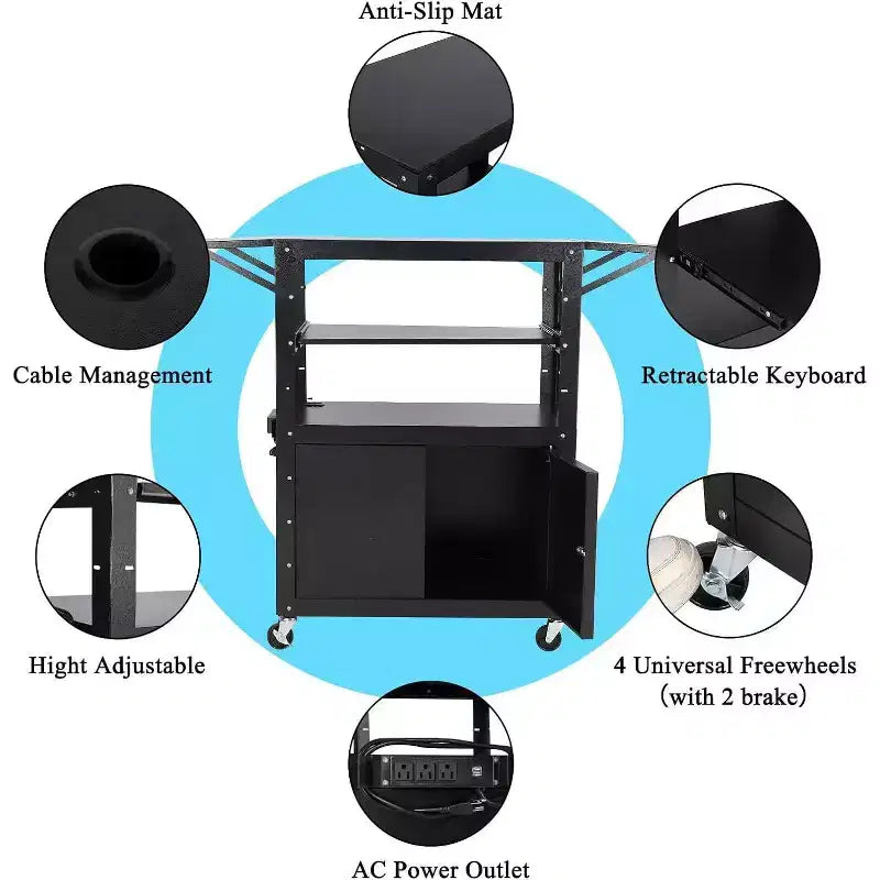 Rolling Av Cart, Height Adjustable Mobile Workstation, Lockable Cabinet, Laptop Stand and Folding Blade, Home Or Office, Black