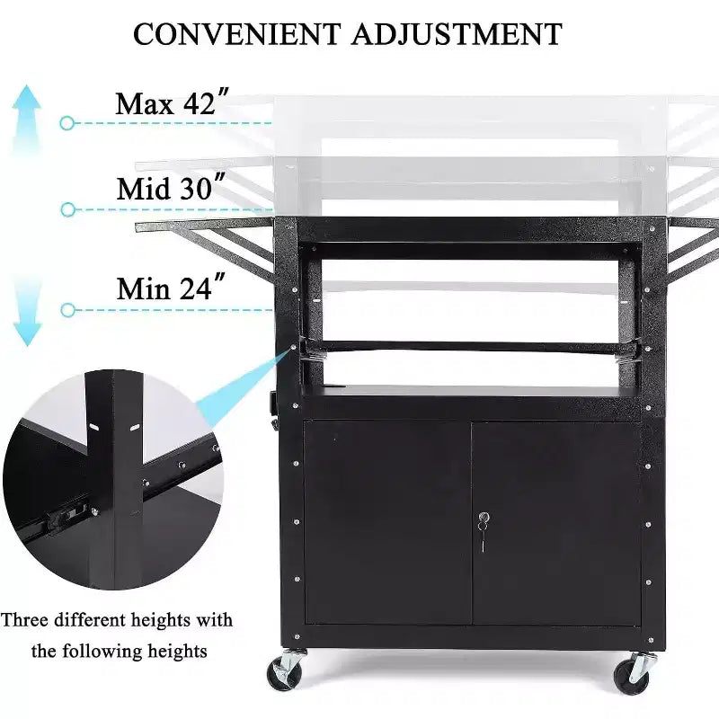 Rolling Av Cart, Height Adjustable Mobile Workstation, Lockable Cabinet, Laptop Stand and Folding Blade, Home Or Office, Black