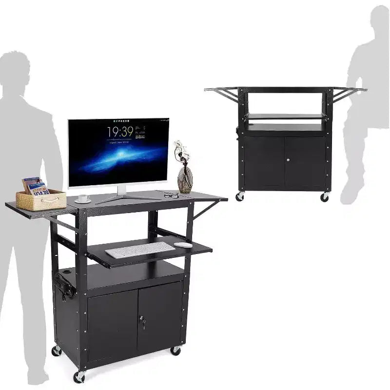 Rolling Av Cart, Height Adjustable Mobile Workstation, Lockable Cabinet, Laptop Stand and Folding Blade, Home Or Office, Black
