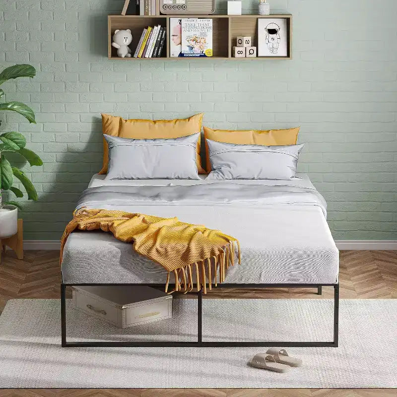 14 Inch Metal Full Bed Frame, Heavy Duty Platform, Sturdy Steel Slats, Mattress Foundation, No Box Spring Needed, Easy Assembly, Noise Free, Black