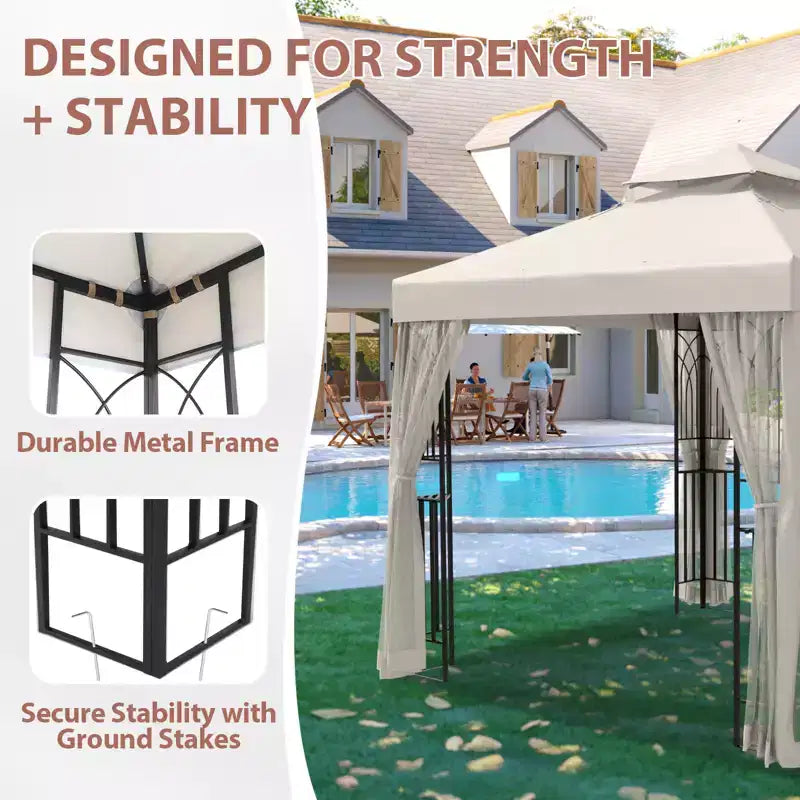 EAGLE PEAK 8'x8' Double Roof Outdoor Patio Gazebo with Mesh Netting