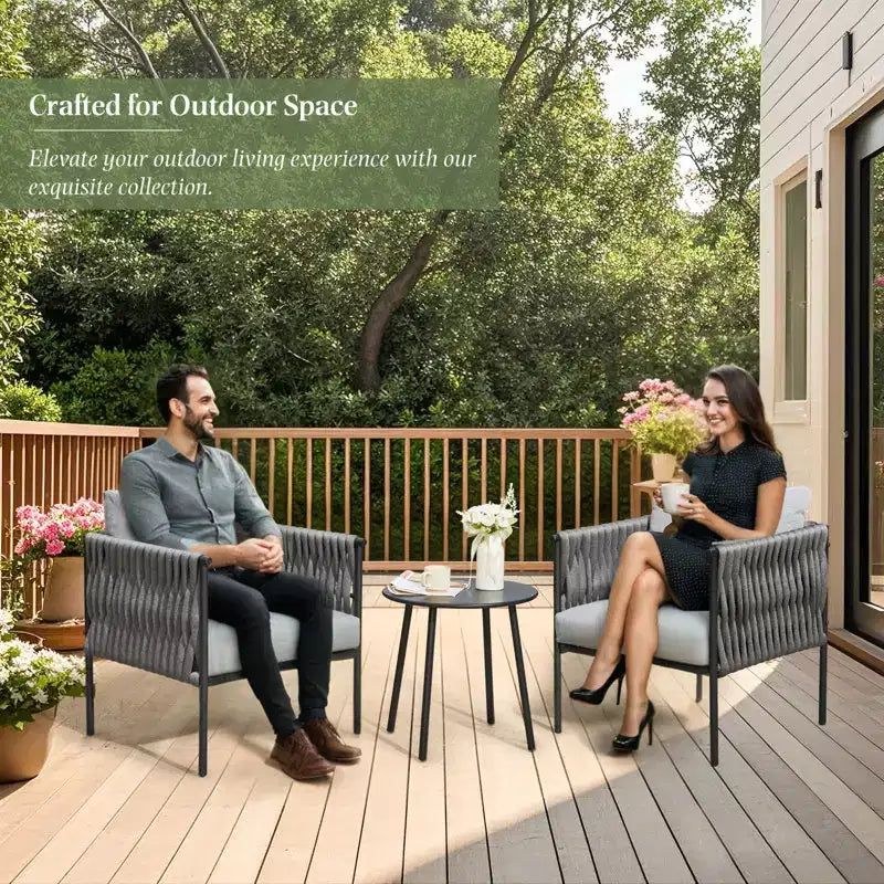 EROMMY 3-piece Patio Bistro Set, Iron Rope Armchairs With Coffee Table, Modern Outdoor Furniture With Thick Cushions