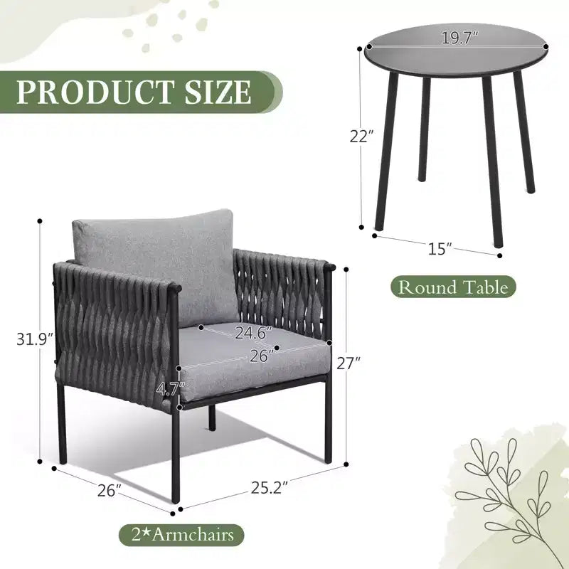 EROMMY 3-piece Patio Bistro Set, Iron Rope Armchairs With Coffee Table, Modern Outdoor Furniture With Thick Cushions