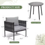 EROMMY 3-piece Patio Bistro Set, Iron Rope Armchairs With Coffee Table, Modern Outdoor Furniture With Thick Cushions