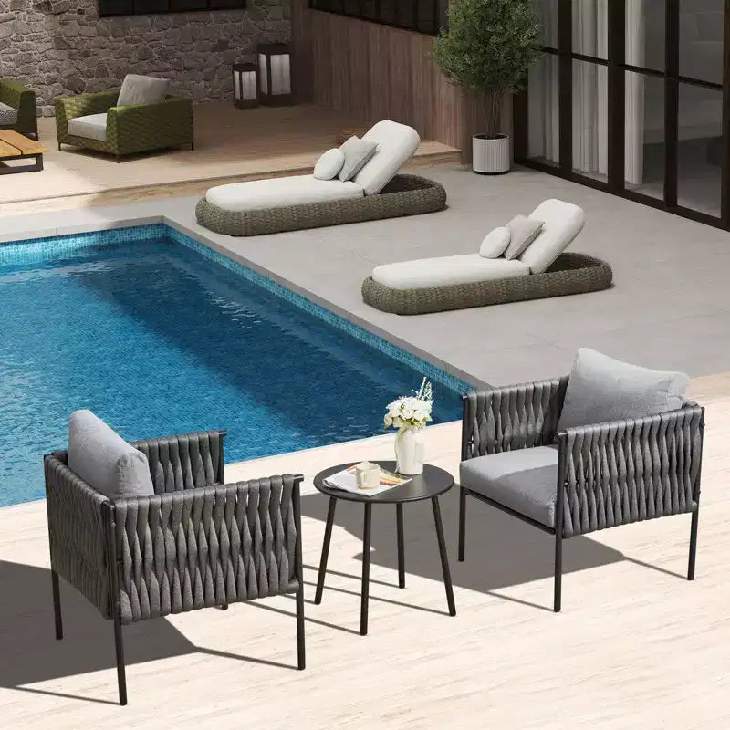 EROMMY 3-piece Patio Bistro Set, Iron Rope Armchairs With Coffee Table, Modern Outdoor Furniture With Thick Cushions