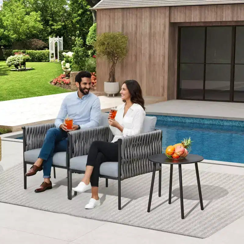 EROMMY 3-piece Patio Bistro Set, Iron Rope Armchairs With Coffee Table, Modern Outdoor Furniture With Thick Cushions