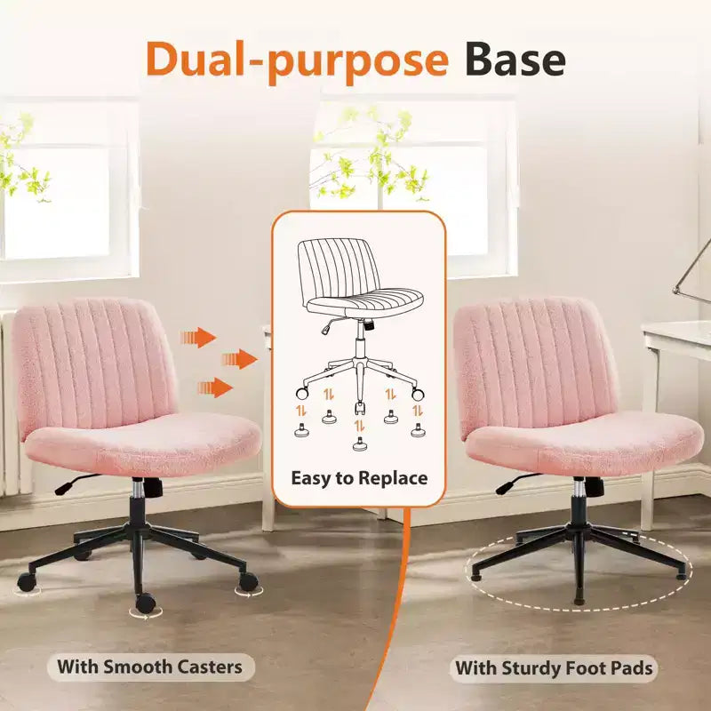 Office Desk Vanity Chair Cross Legged Armless Swivel Fabric Height Adjustable Wide Seat with Replaceable Wheels/Fixed Base, Comfy Task Chair Padded