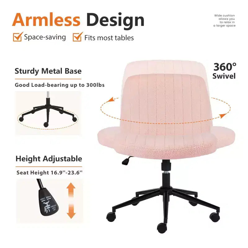 Office Desk Vanity Chair Cross Legged Armless Swivel Fabric Height Adjustable Wide Seat with Replaceable Wheels/Fixed Base, Comfy Task Chair Padded