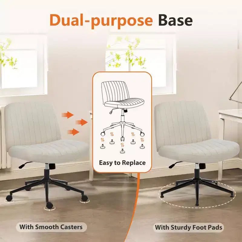 Office Desk Vanity Chair Cross Legged Armless Swivel Fabric Height Adjustable Wide Seat with Replaceable Wheels/Fixed Base, Comfy Task Chair Padded