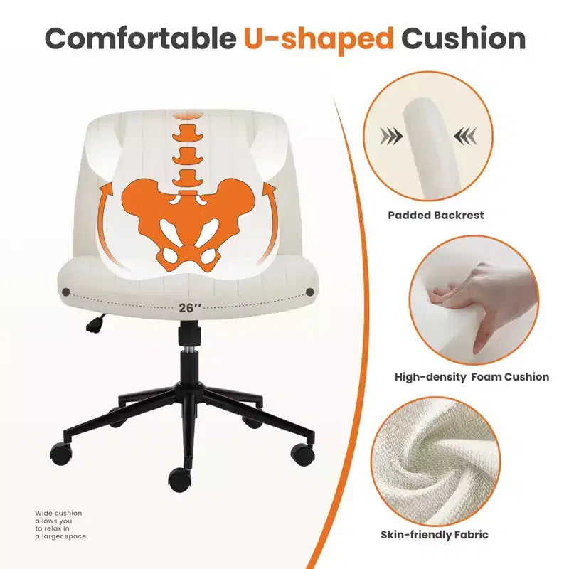 Office Desk Vanity Chair Cross Legged Armless Swivel Fabric Height Adjustable Wide Seat with Replaceable Wheels/Fixed Base, Comfy Task Chair Padded