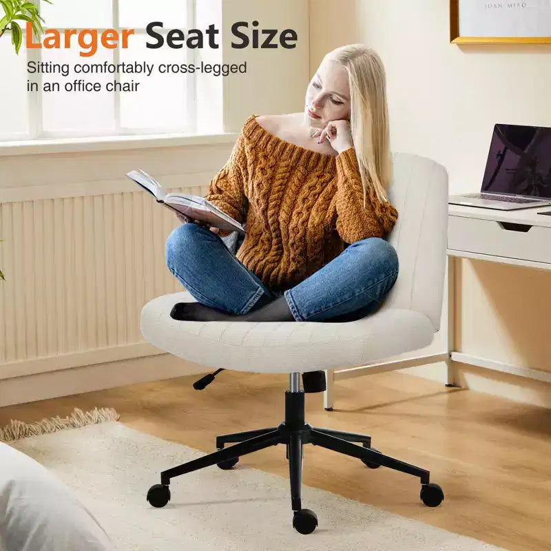 Office Desk Vanity Chair Cross Legged Armless Swivel Fabric Height Adjustable Wide Seat with Replaceable Wheels/Fixed Base, Comfy Task Chair Padded