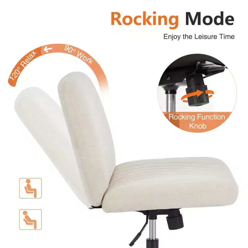 Office Desk Vanity Chair Cross Legged Armless Swivel Fabric Height Adjustable Wide Seat with Replaceable Wheels/Fixed Base, Comfy Task Chair Padded