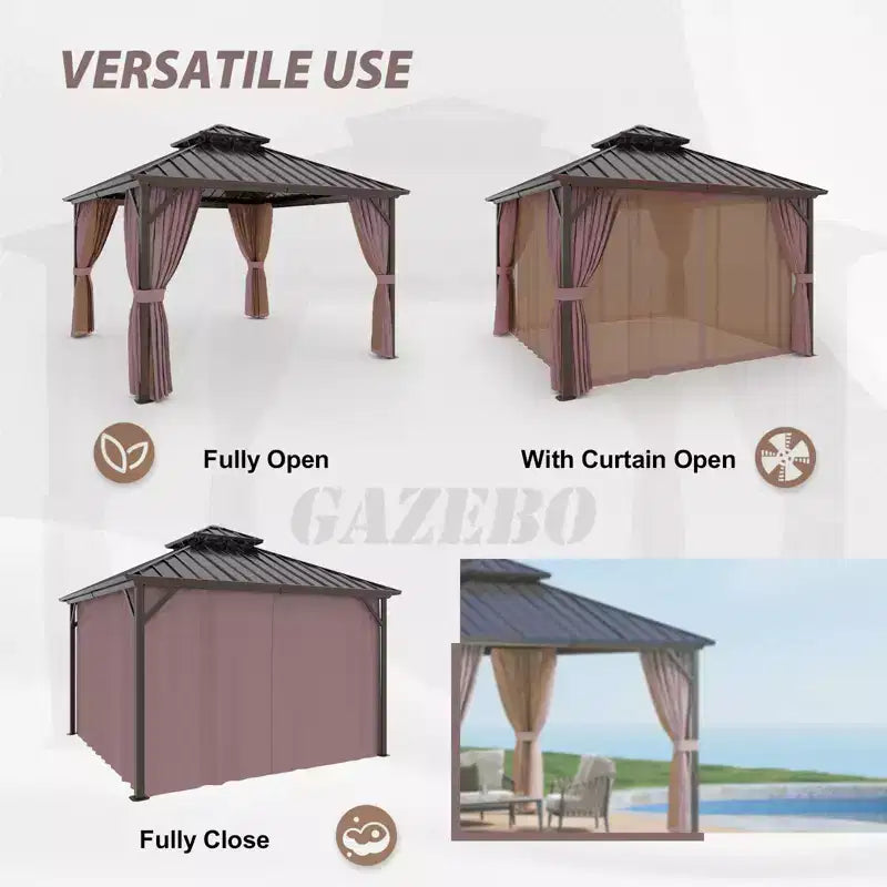 EAGLE PEAK Aluminum Frame with Steel Double Roof Hardtop Gazebo, Brown