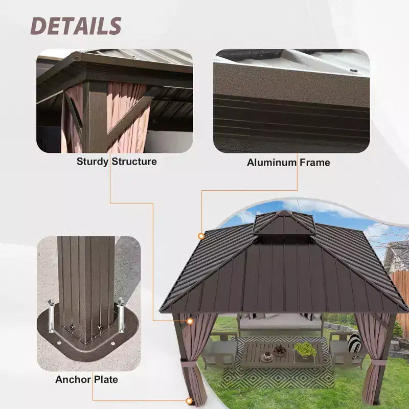 EAGLE PEAK Aluminum Frame with Steel Double Roof Hardtop Gazebo, Brown