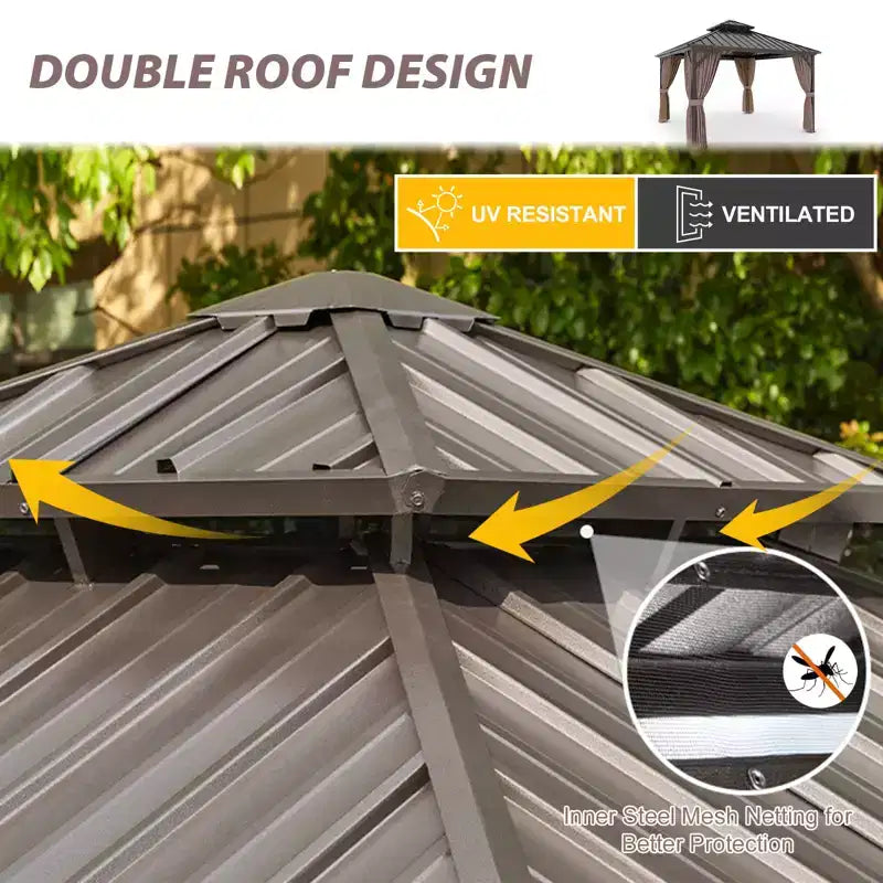 EAGLE PEAK Aluminum Frame with Steel Double Roof Hardtop Gazebo, Brown