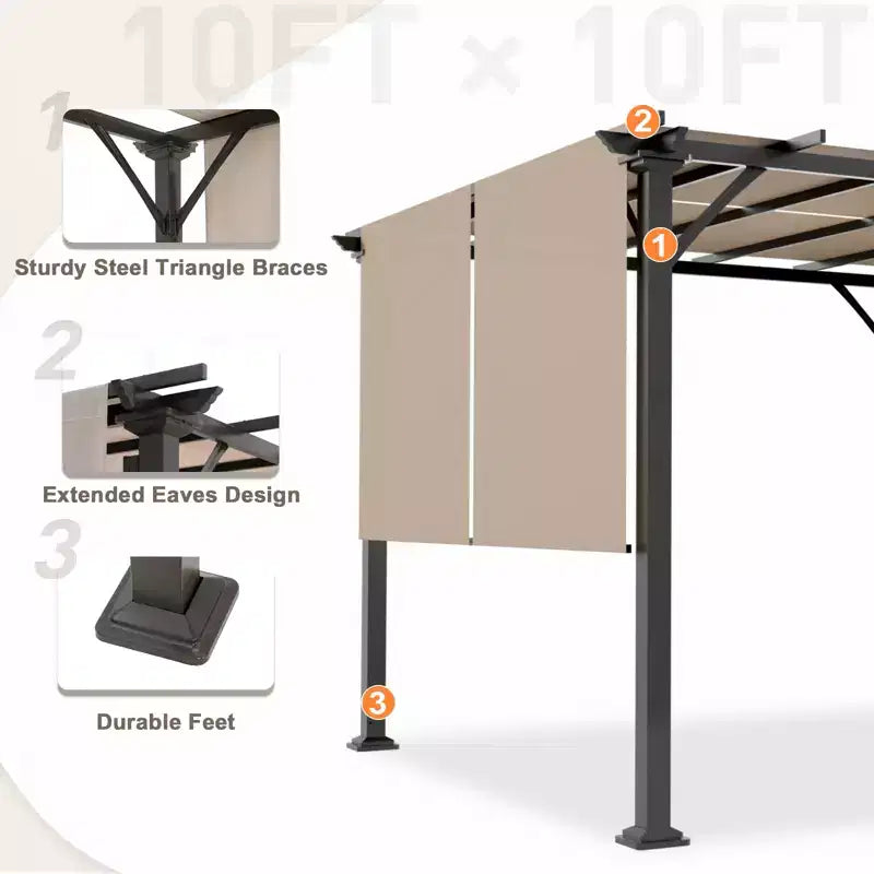 EAGLE PEAK 10'x10' Outdoor Pergola with Retractable Sunshade Canopy, Beige