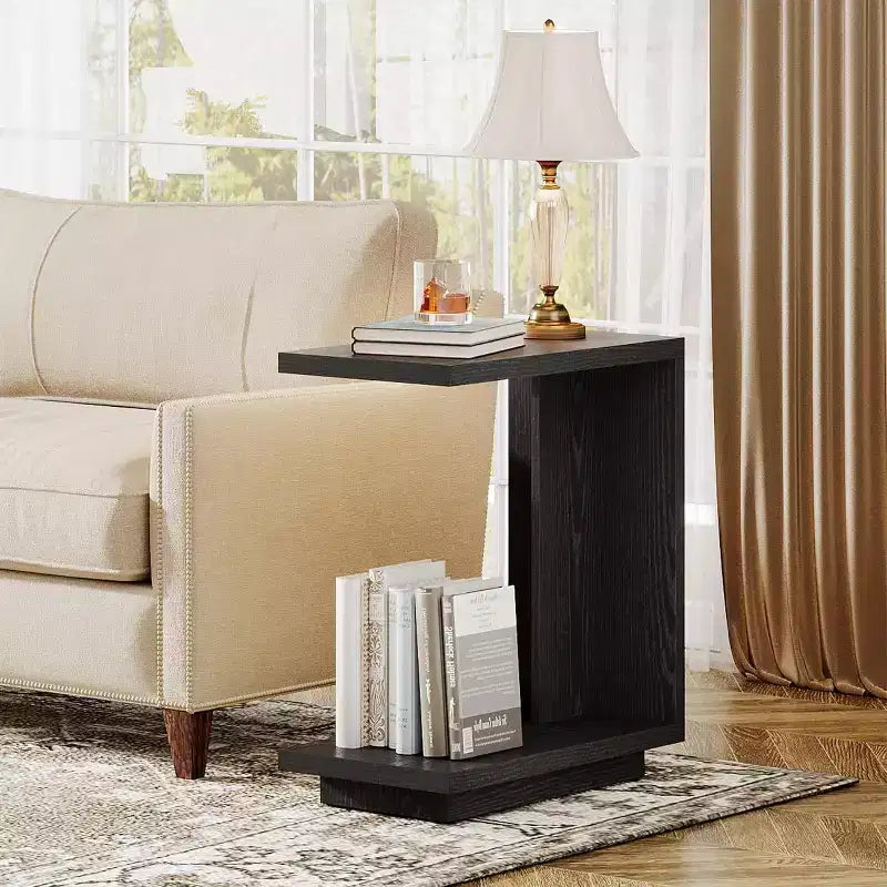 Tribesigns C-Shaped End Table with 2-Tier Storage Shelves