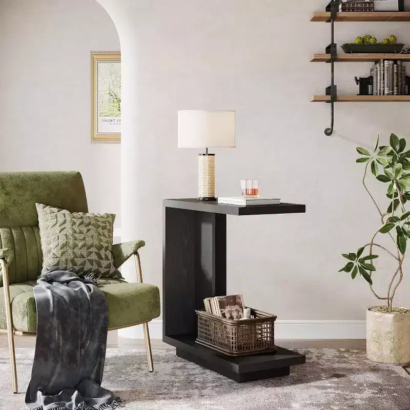 Tribesigns C-Shaped End Table with 2-Tier Storage Shelves