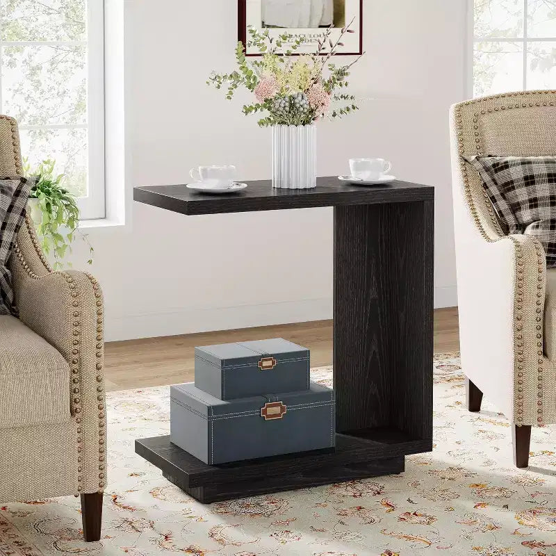 Tribesigns C-Shaped End Table with 2-Tier Storage Shelves