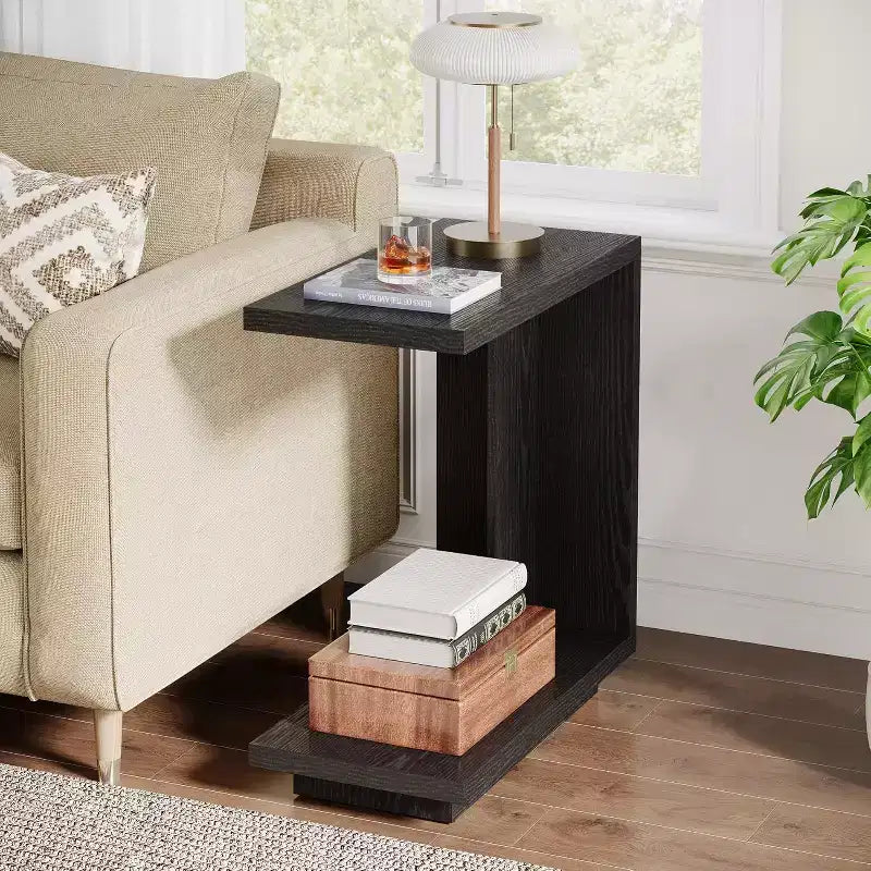 Tribesigns C-Shaped End Table with 2-Tier Storage Shelves