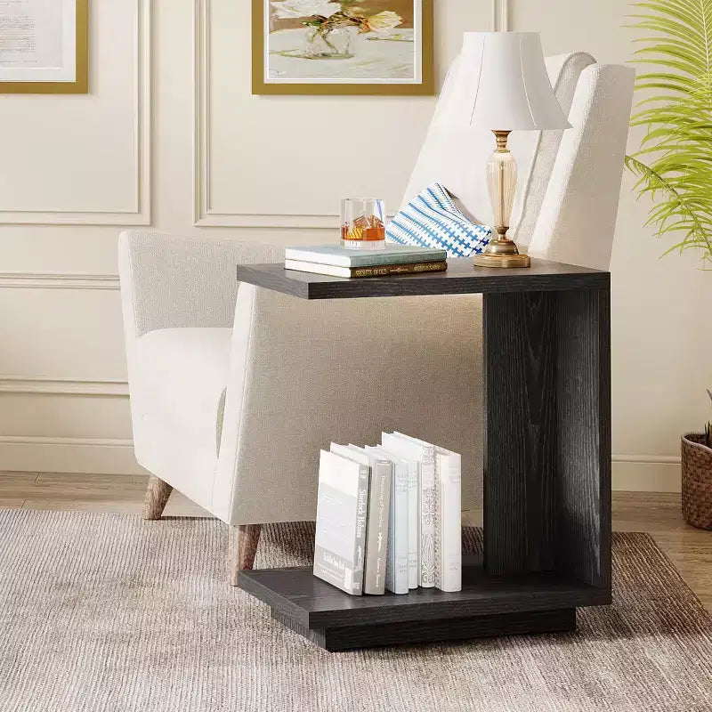 Tribesigns C-Shaped End Table with 2-Tier Storage Shelves