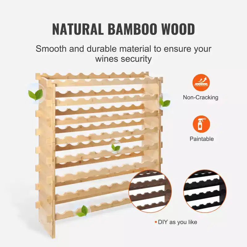 VEVOR 72 Bottle Stackable Modular Wine Rack, 8-Tier Solid Bamboo Wood Storage Racks, Floor Freestanding Wines Holder Display Shelf, Natural Color