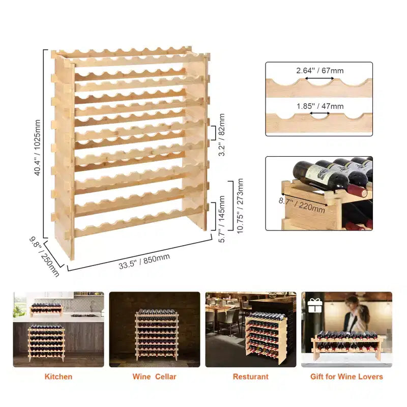 VEVOR 72 Bottle Stackable Modular Wine Rack, 8-Tier Solid Bamboo Wood Storage Racks, Floor Freestanding Wines Holder Display Shelf, Natural Color