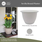 The HC Companies Sevilla Round Self-Watering Pot, Plastic Classic Planter with Internal Disk for Indoor and Outdoor Plants, 14 Inch, White