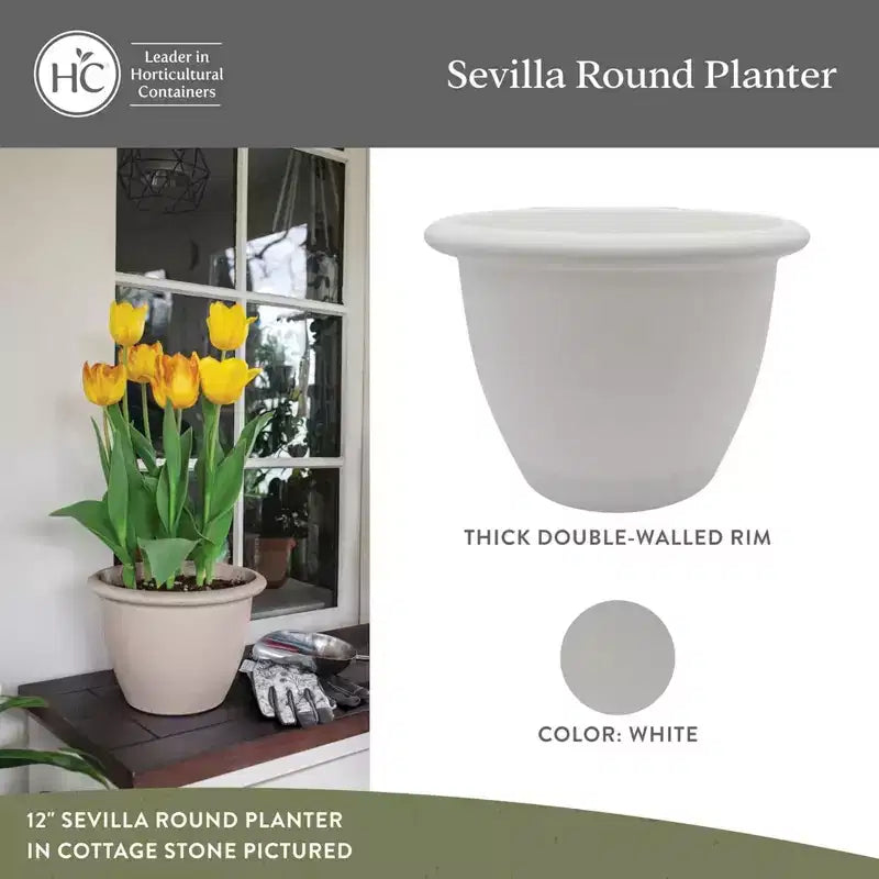 The HC Companies Sevilla Round Self-Watering Pot, Plastic Classic Planter with Internal Disk for Indoor and Outdoor Plants, 14 Inch, White