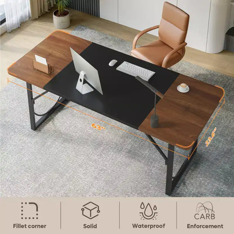 PINMOCO 63 Inch Home Office Desk, Modern Computer Desk with Waterproof Wood Top and Metal Frame for Study Room