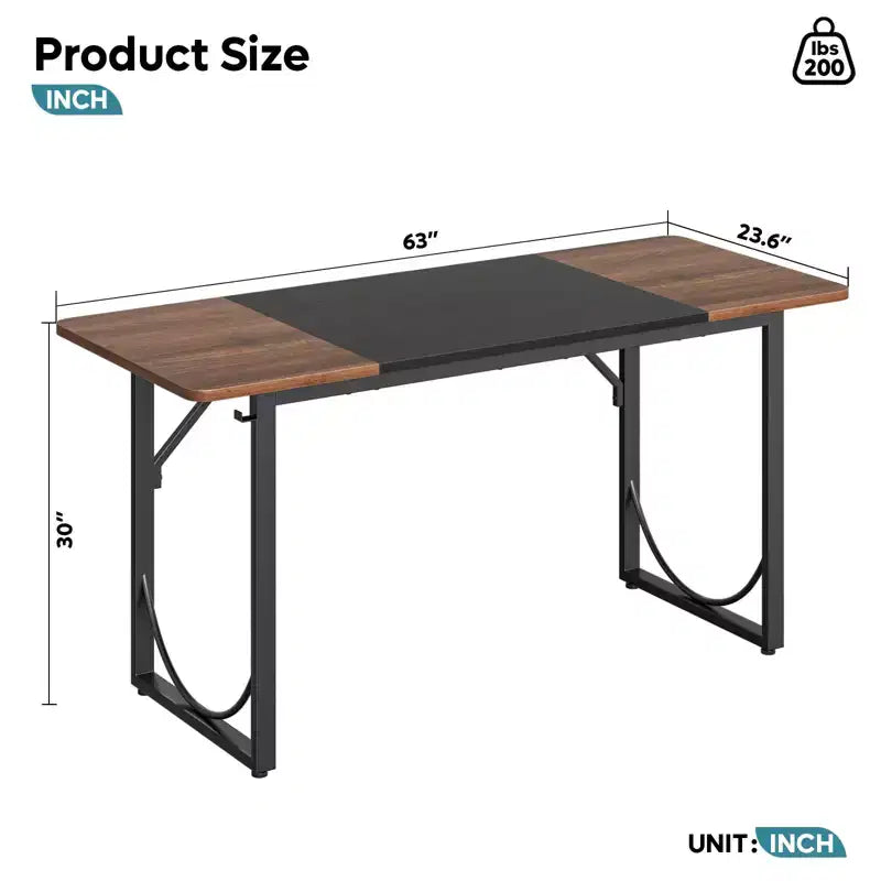 PINMOCO 63 Inch Home Office Desk, Modern Computer Desk with Waterproof Wood Top and Metal Frame for Study Room