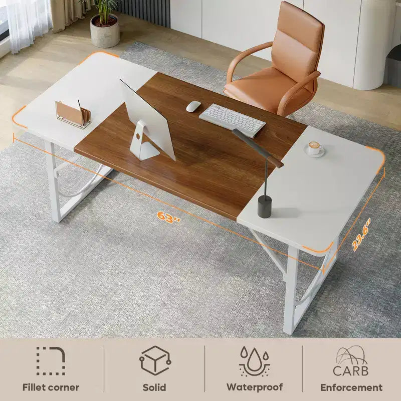 PINMOCO 63 Inch Home Office Desk, Modern Computer Desk with Waterproof Wood Top and Metal Frame for Study Room