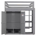 Full Size Wood Loft Bed with Built-in Wardrobe, Storage Shelves & LED Light, White/Gray - ModernLuxe
